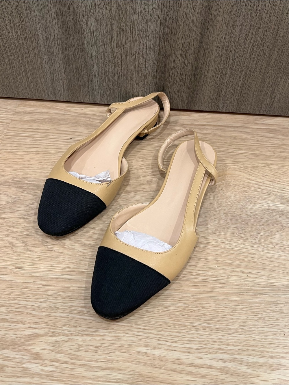 Two-Tone Black and Beige Pointed Slingback Flats